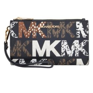 Michael Kors jet set travel graphic logo animal print large double zip wristlet
